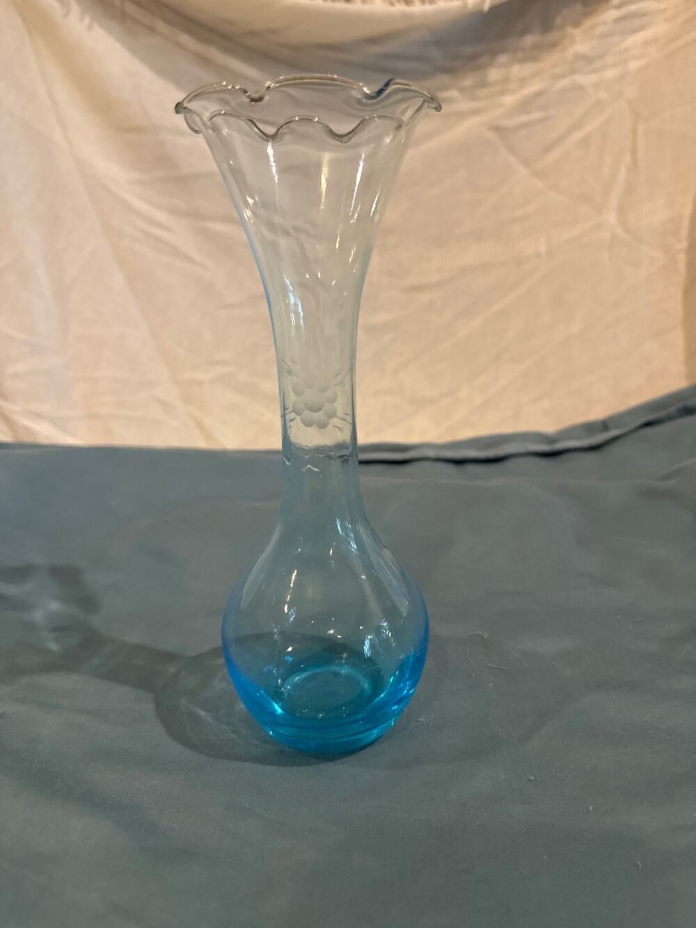 Vintage Aqua Blue Glass Bud Vase Etched Floral Ruffled Top Mid Century 8”